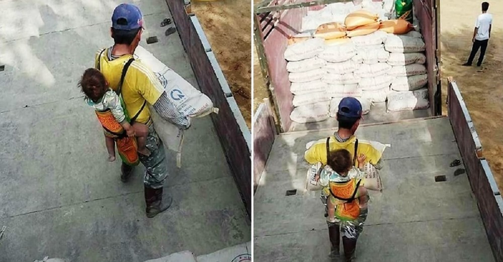 Este padre viudo trabaja con su hijo en la espalda para no dejarlo solito