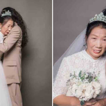 Hija posa con su madre viuda para darle las fotos de boda que siempre soñó. Se vistió de esposo