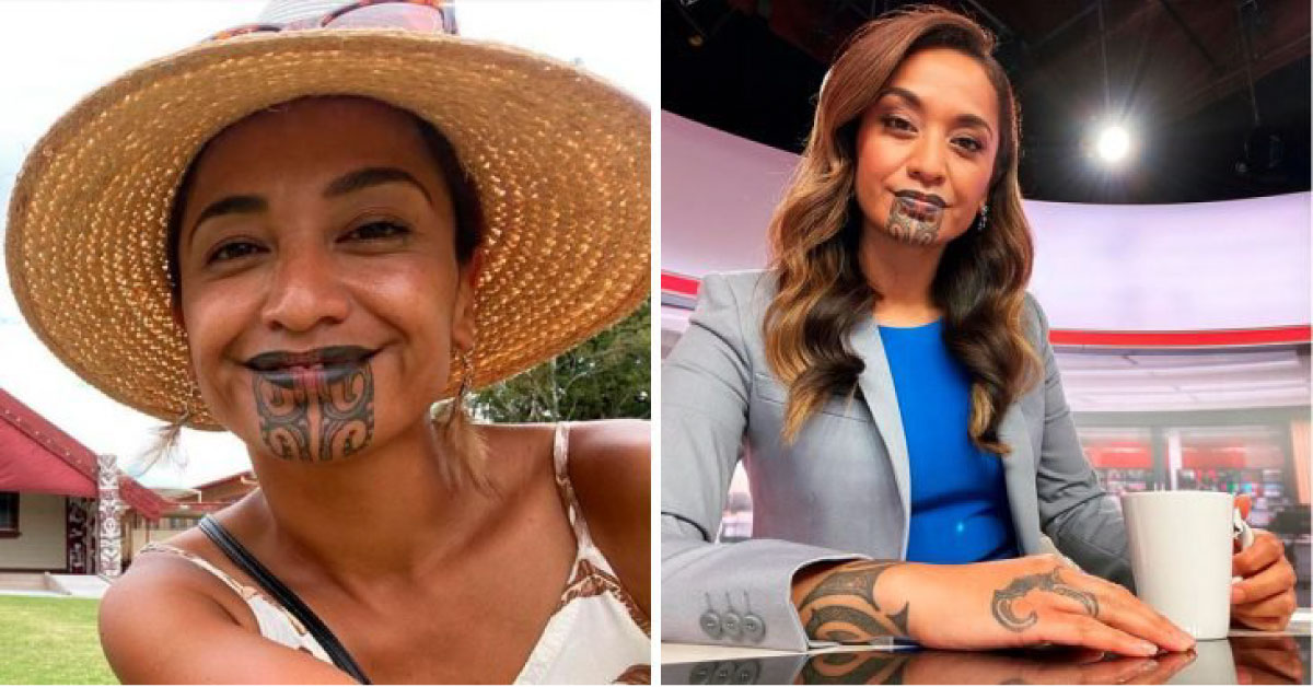 Mujer se convierte en la primera persona con tatuajes maoríes en la cara al frente de un noticiero