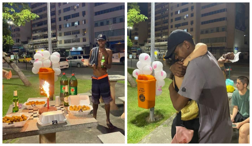 Vecinos festejaron el cumpleaños a un joven que vive en la calle con cervezas y pastel