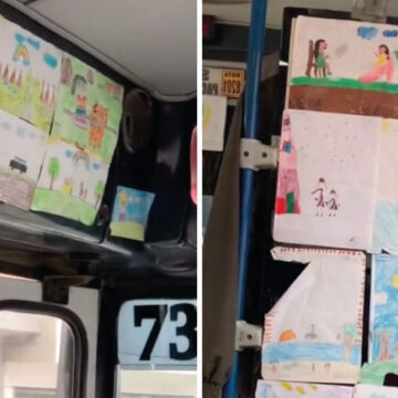 Chofer orgulloso presume los dibujos de su hijo en su autobús para que aprecien sus obras de arte.
