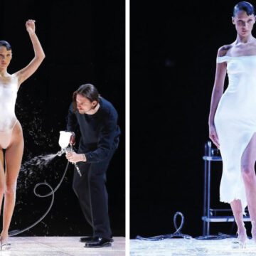 Rocían vestido en vivo sobre el cuerpo de Bella Hadid en la Semana de la Moda en París