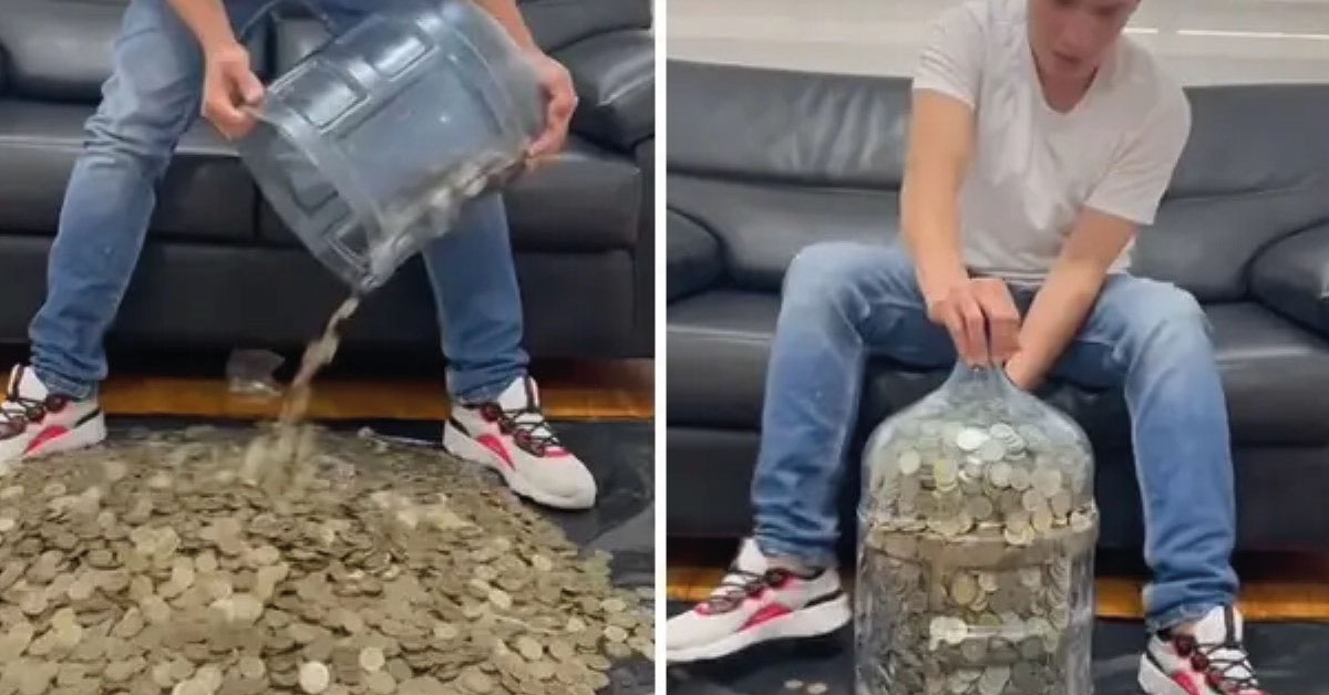 Joven ahorró sus monedas en un garrafón por 4 años y consiguió una gran cantidad.
