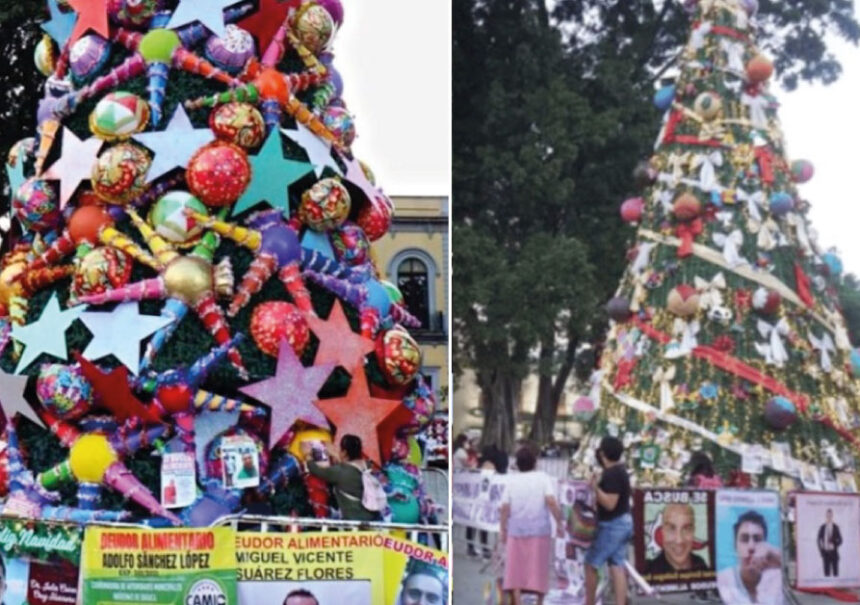 Adornan árbol de Navidad con las fotos de padres que deben pensión alimenticia.